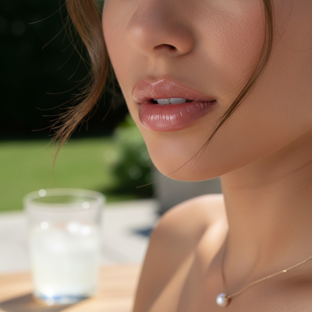 Close-up of a woman's lower face with glossy lips and a pearl pendant necklace outdoors.